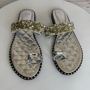Silver Glitter Rhinestone Toe Ring Studded Flat Sandals Size 7